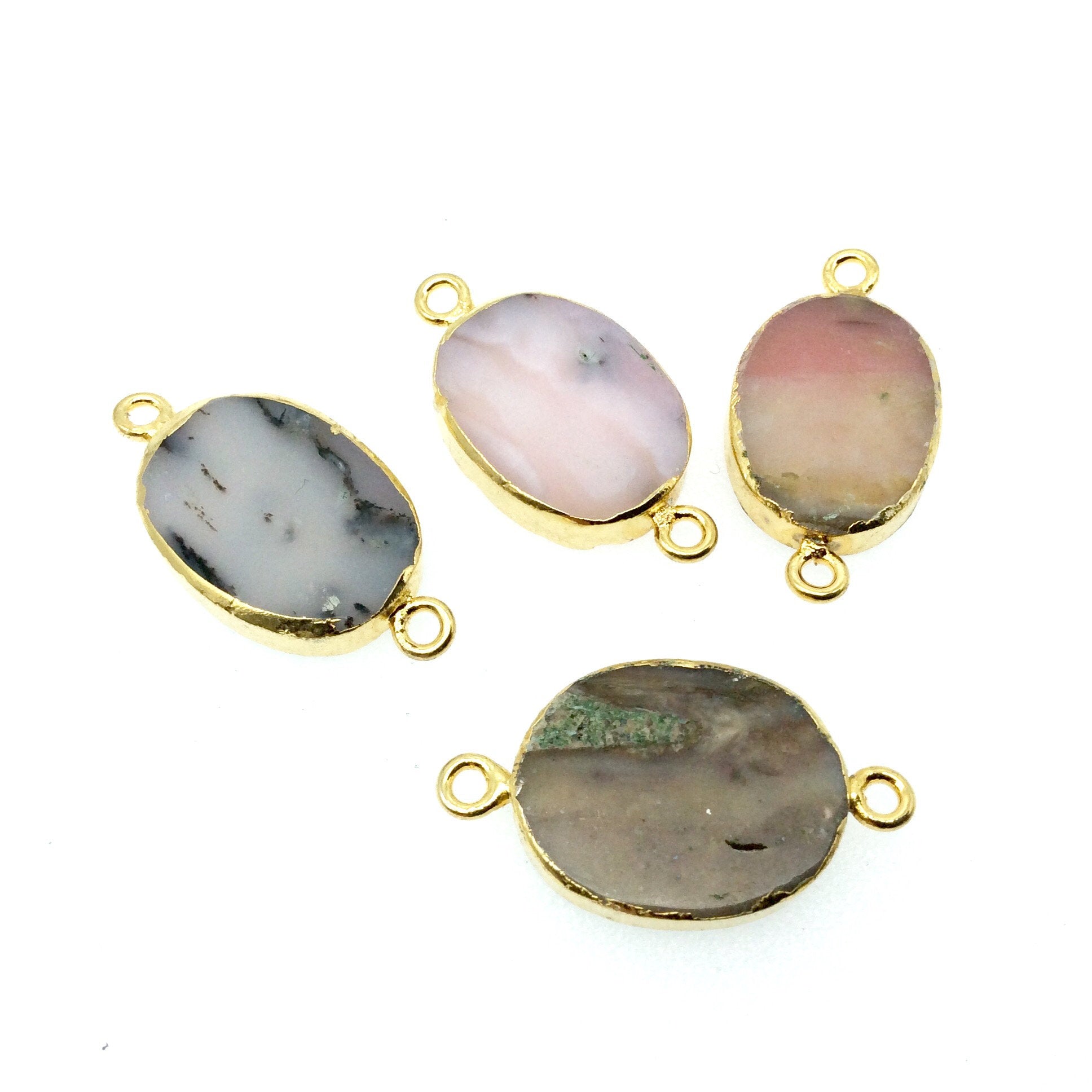 Medium Sized Gold Plated Natural Flat Mixed Pink Agate Oval Shape Connector - 18-20mm Long Approx. - Sold Per Each, Selected at Random