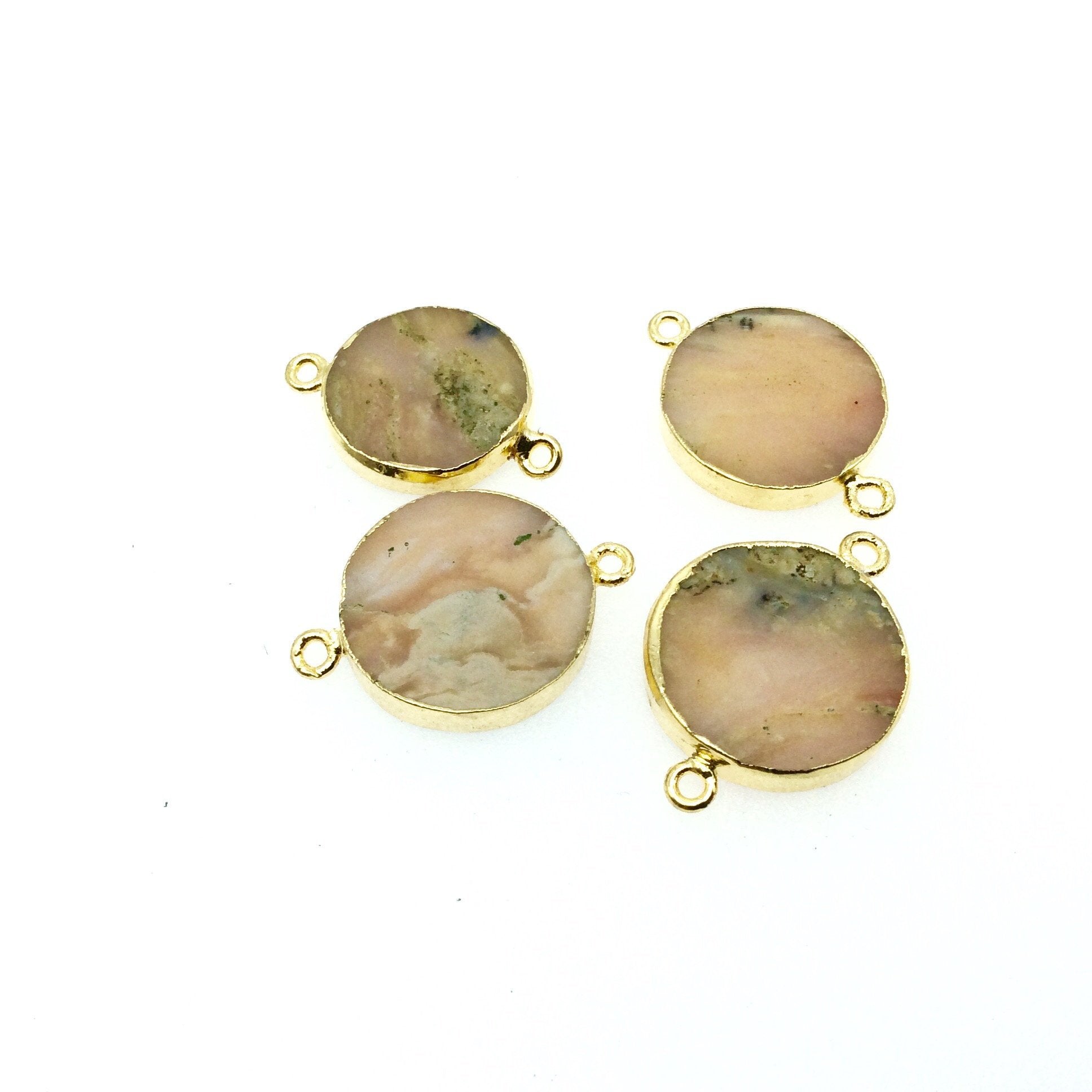 Large Sized Gold Plated Natural Flat Mixed Pink Agate Round Shape Connector - 18-20mm Approx. - Sold Per Each, Selected at Random