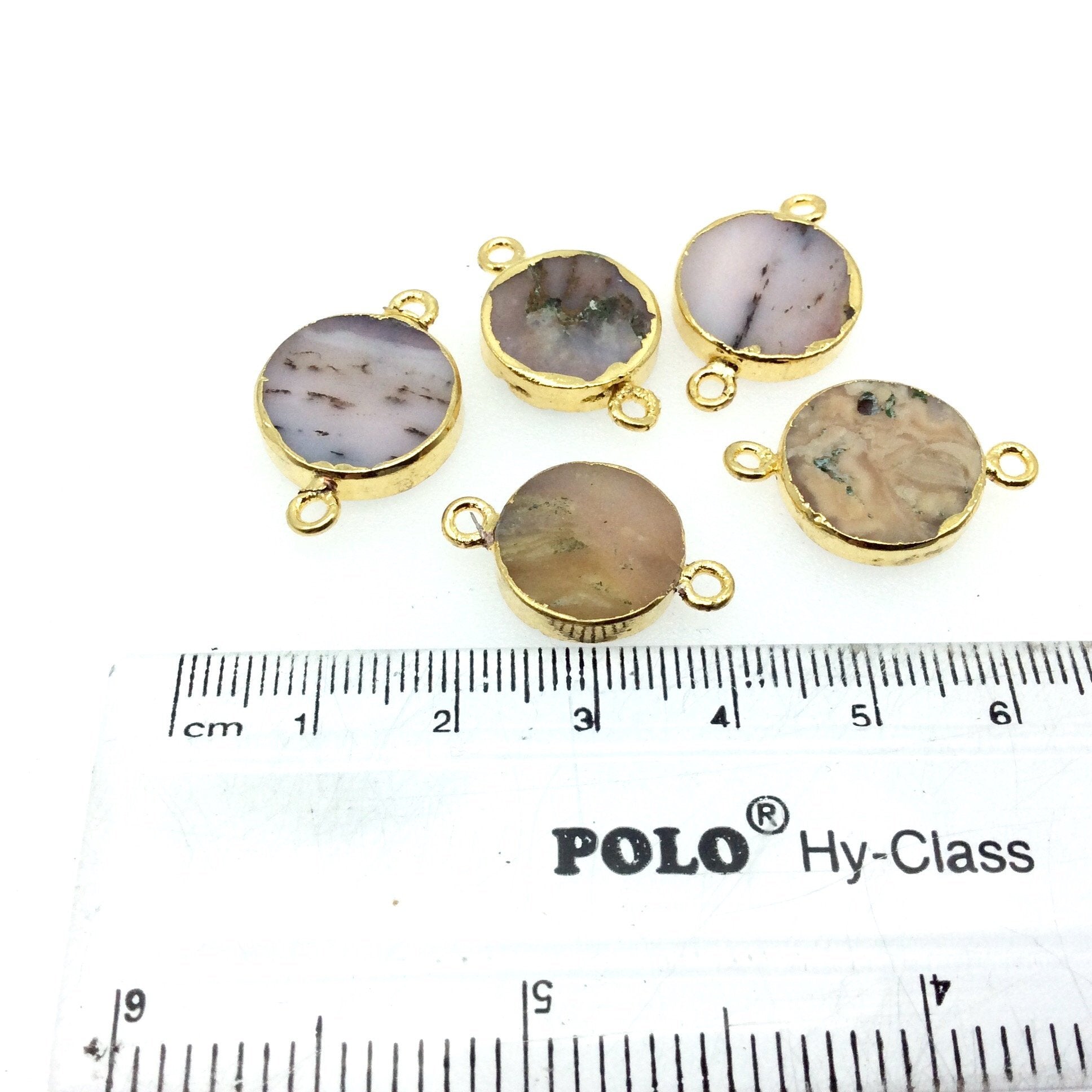 Medium Sized Gold Plated Natural Flat Mixed Pink Agate Round Shape Connector - 15-18mm Approx. - Sold Per Each, Selected at Random