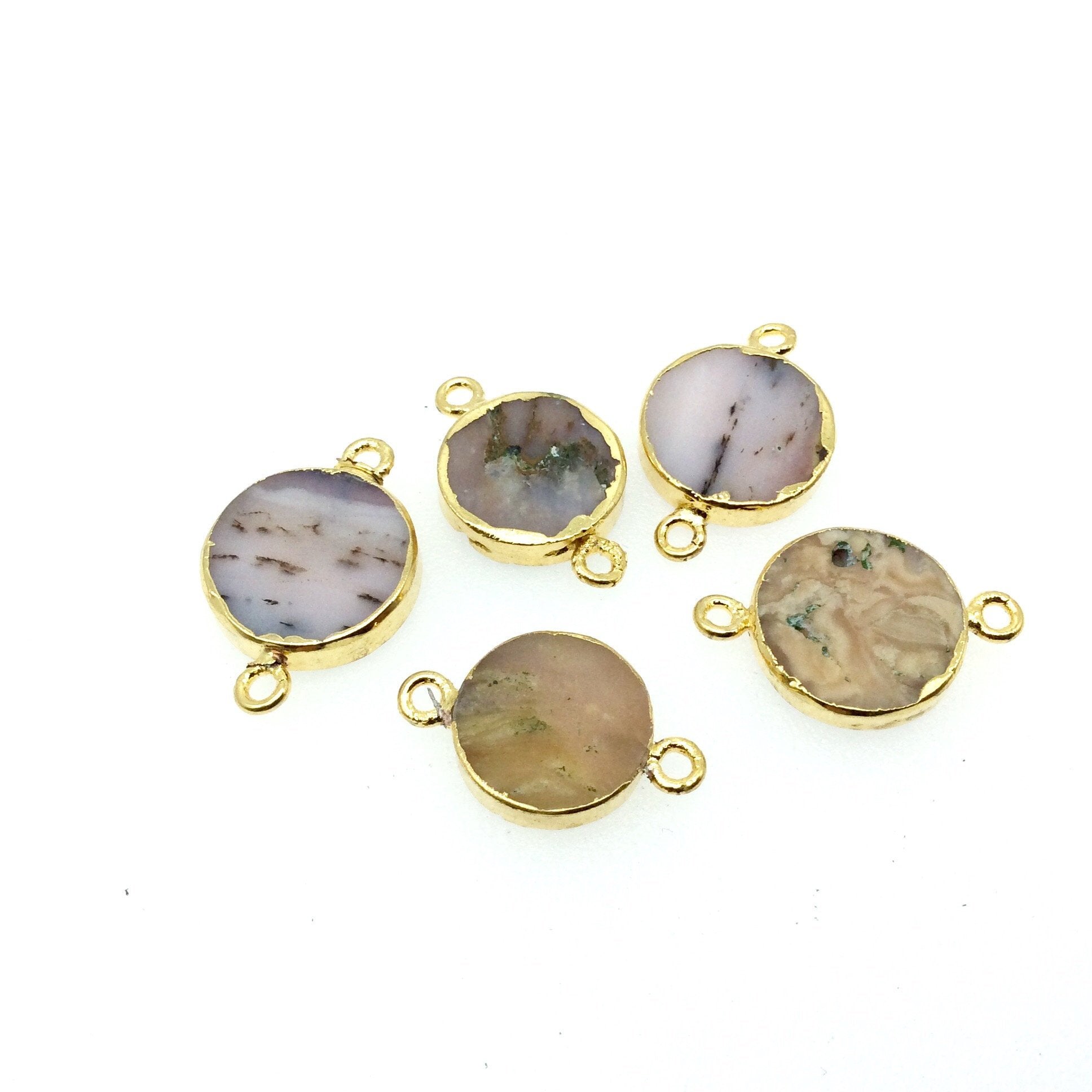 Medium Sized Gold Plated Natural Flat Mixed Pink Agate Round Shape Connector - 15-18mm Approx. - Sold Per Each, Selected at Random