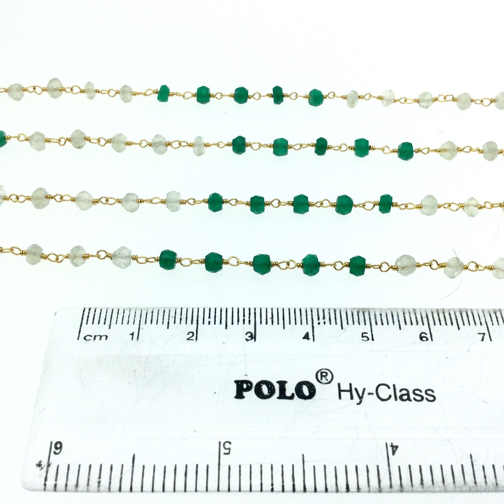 Gold Plated Copper Wrapped Rosary Chain with 3mm Faceted Natural Emerald Green Onyx + Prehnite Rondelle Beads - Sold by 1' Cut Sections!