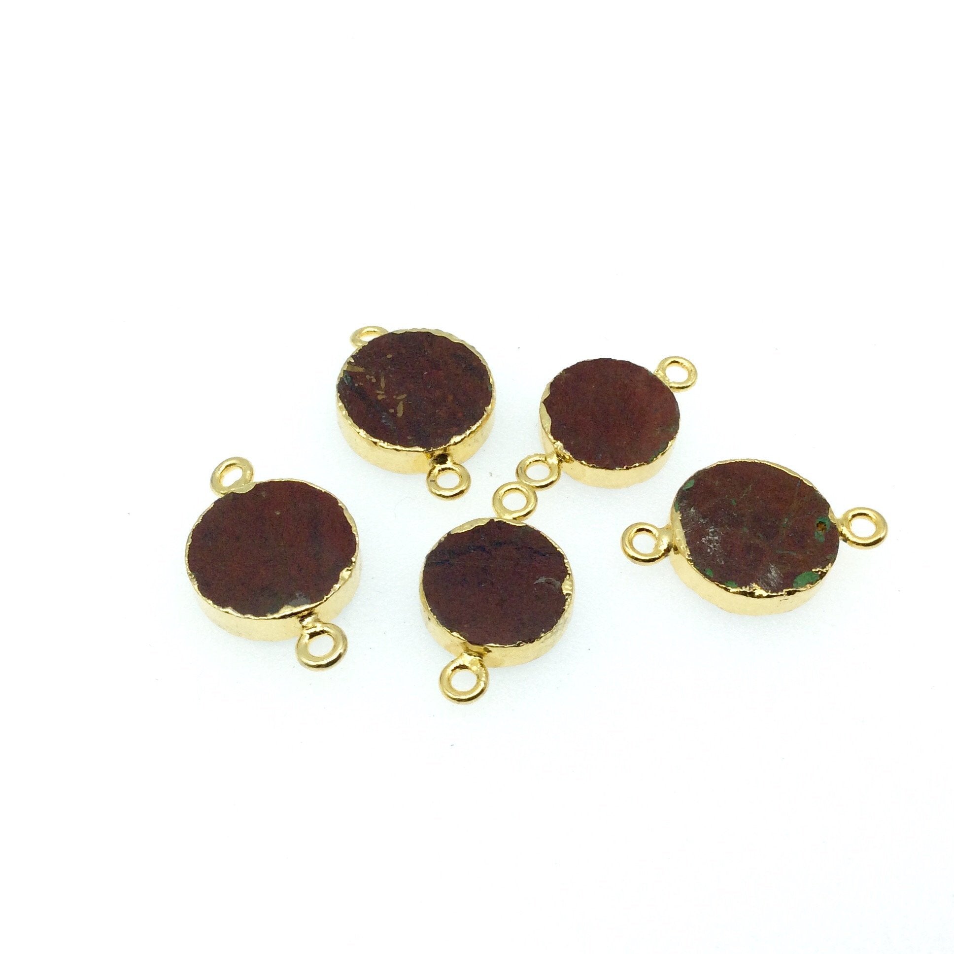 Small Sized Gold Plated Natural Flat Red Jasper Round Shape Connector - 12-15mm Approx. - Sold Per Each, Selected at Random