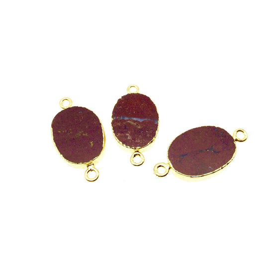 Medium Sized Gold Plated Natural Flat Red Jasper Oval Shape Connector - 18-20mm Long Approx. - Sold Per Each, Selected at Random