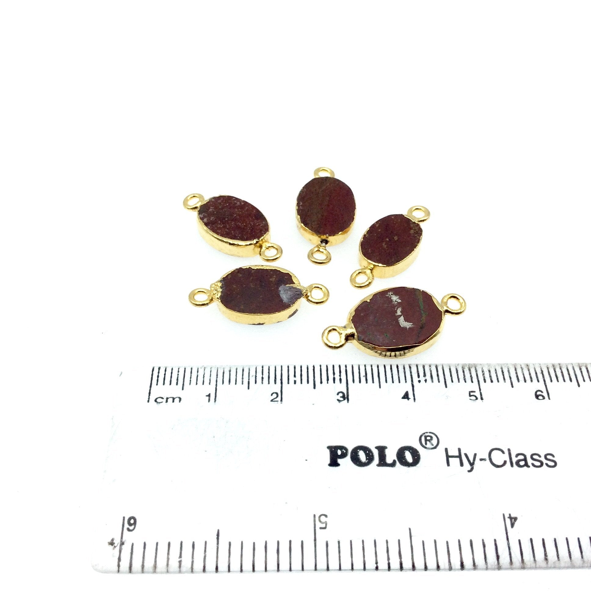 Extra Small Sized Gold Plated Natural Flat Red Jasper Oval Shape Connector - 12-15mm Long Approx. - Sold Per Each, Selected at Random