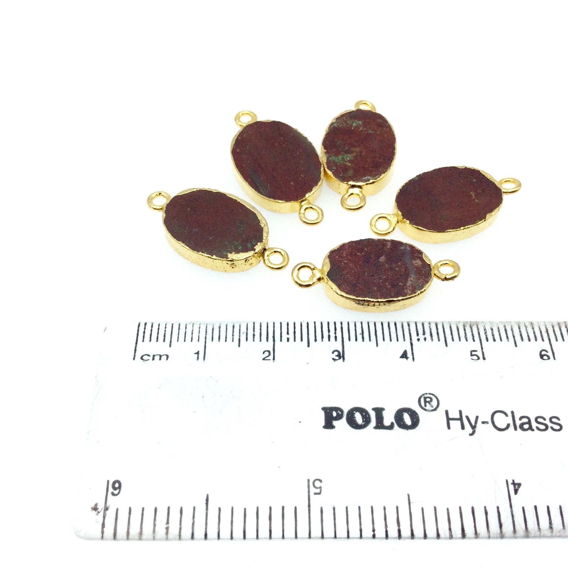 Small Sized Gold Plated Natural Flat Red Jasper Oval Shape Connector - 16-18mm Long Approx. - Sold Per Each, Selected at Random