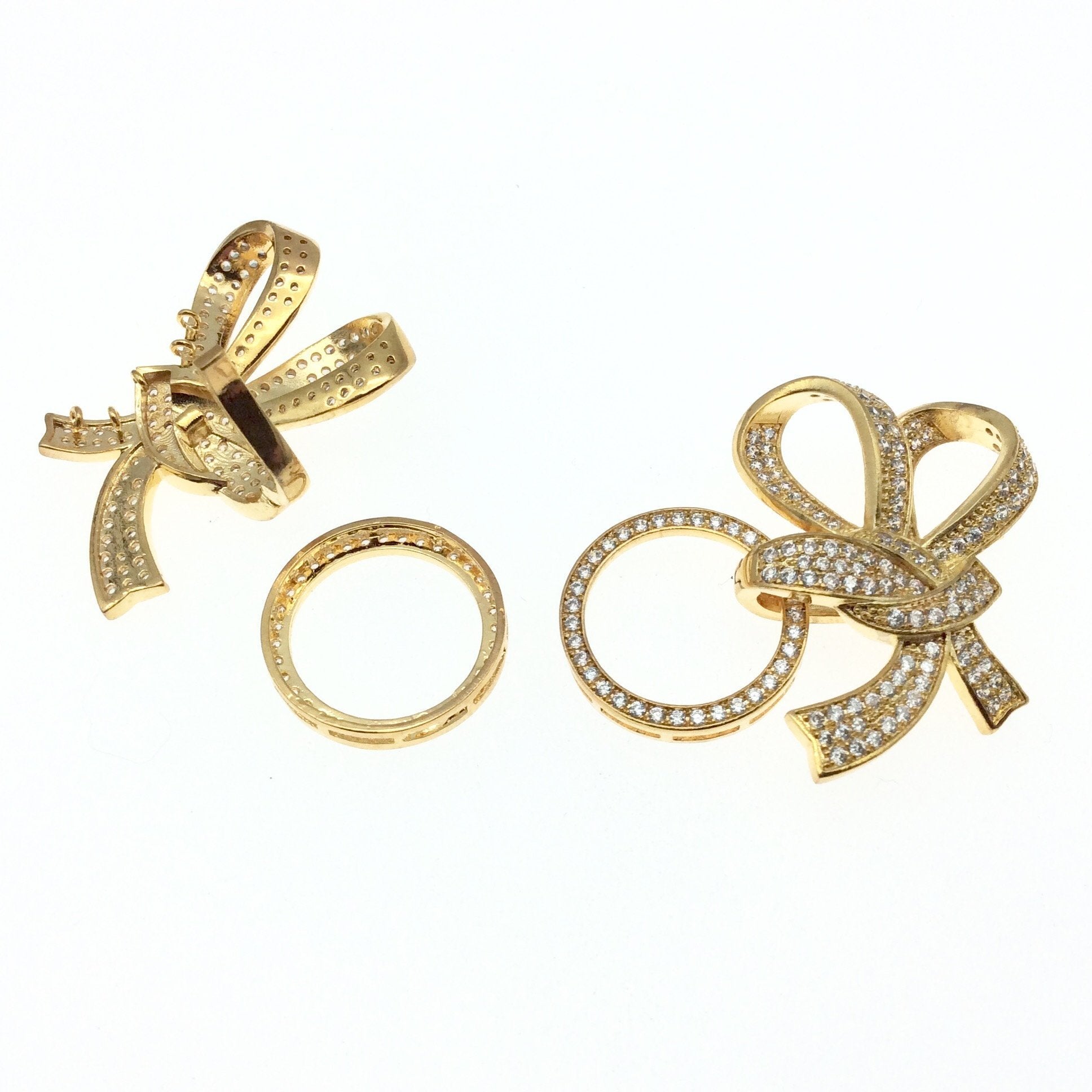 Gold Plated Cubic Zirconia Encrusted/Inlaid Bow + Circle Shaped Copper Clasp Components - Measuring 40mm x 43mm