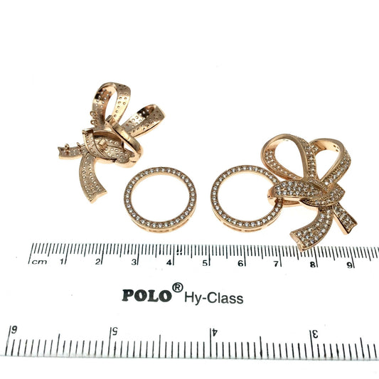 Rose Gold Plated Cubic Zirconia Encrusted/Inlaid Bow + Circle Shaped Copper Clasp Components - Measuring 40mm x 43mm