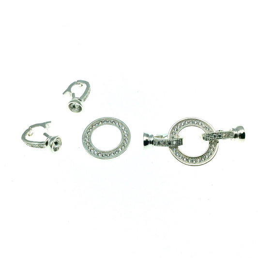 Bright Silver Plated Cubic Zirconia Encrusted/Inlaid Circle Shaped Copper Double Clasp Components - Measuring 15mm x 30mm