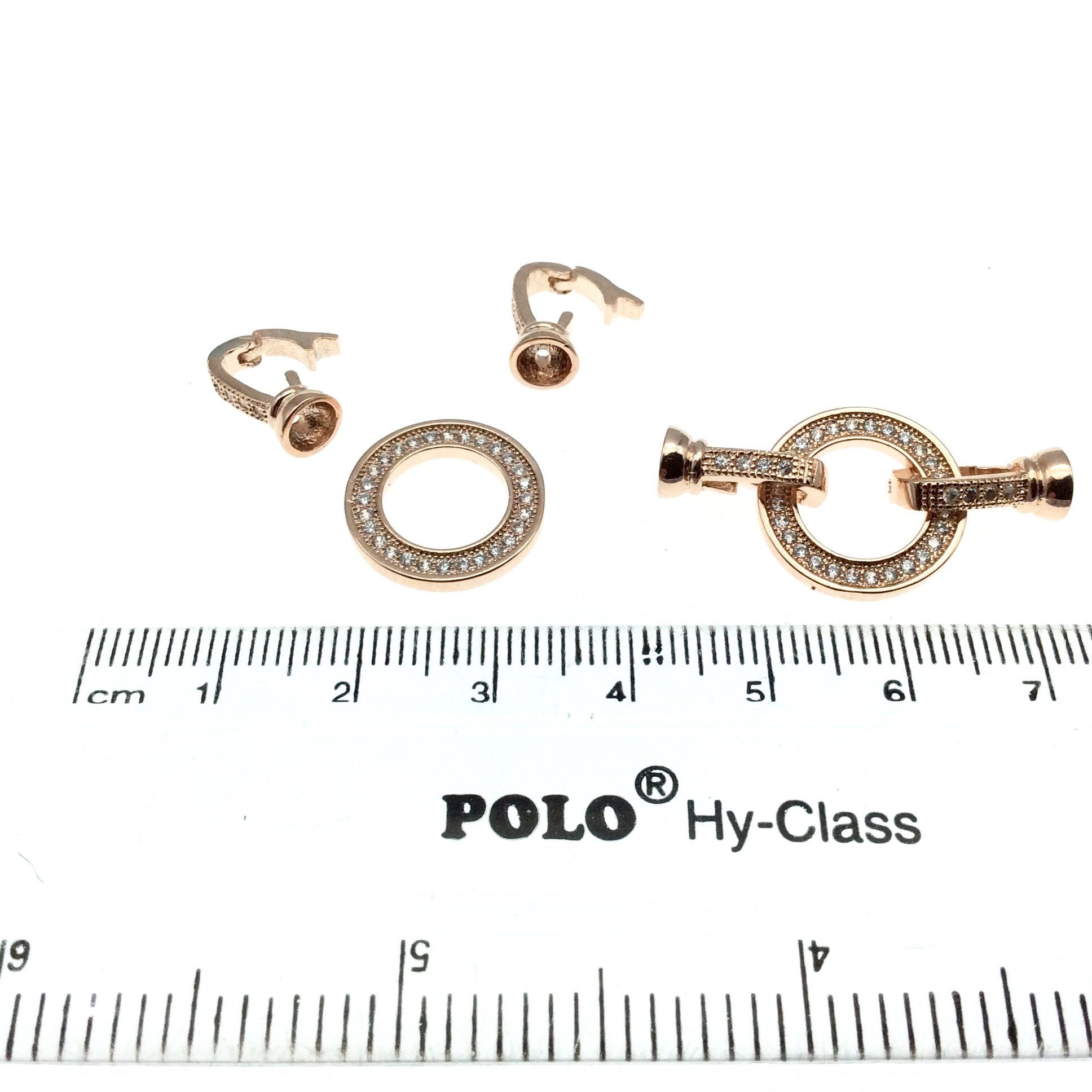 Rose Gold Plated Cubic Zirconia Encrusted/Inlaid Circle Shaped Copper Double Clasp Components - Measuring 15mm x 30mm