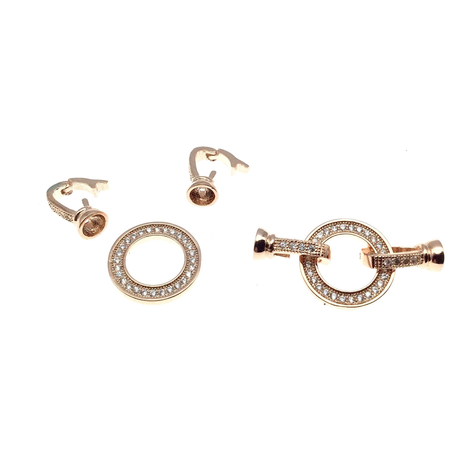 Rose Gold Plated Cubic Zirconia Encrusted/Inlaid Circle Shaped Copper Double Clasp Components - Measuring 15mm x 30mm