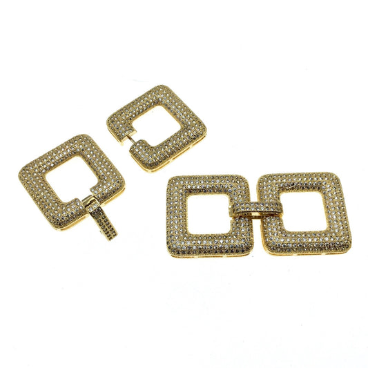 Large Gold Plated Cubic Zirconia Encrusted/Inlaid Square Shaped Copper Clasp Components - Measuring 24mm x 42mm