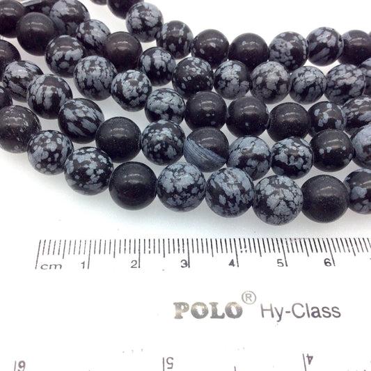 10mm Natural Snowflake Obsidian Smooth Finish Round/Ball Shaped Beads with 2.5mm Holes - 7.75" Strand (Approx. 20 Beads) - LARGE HOLE BEADS