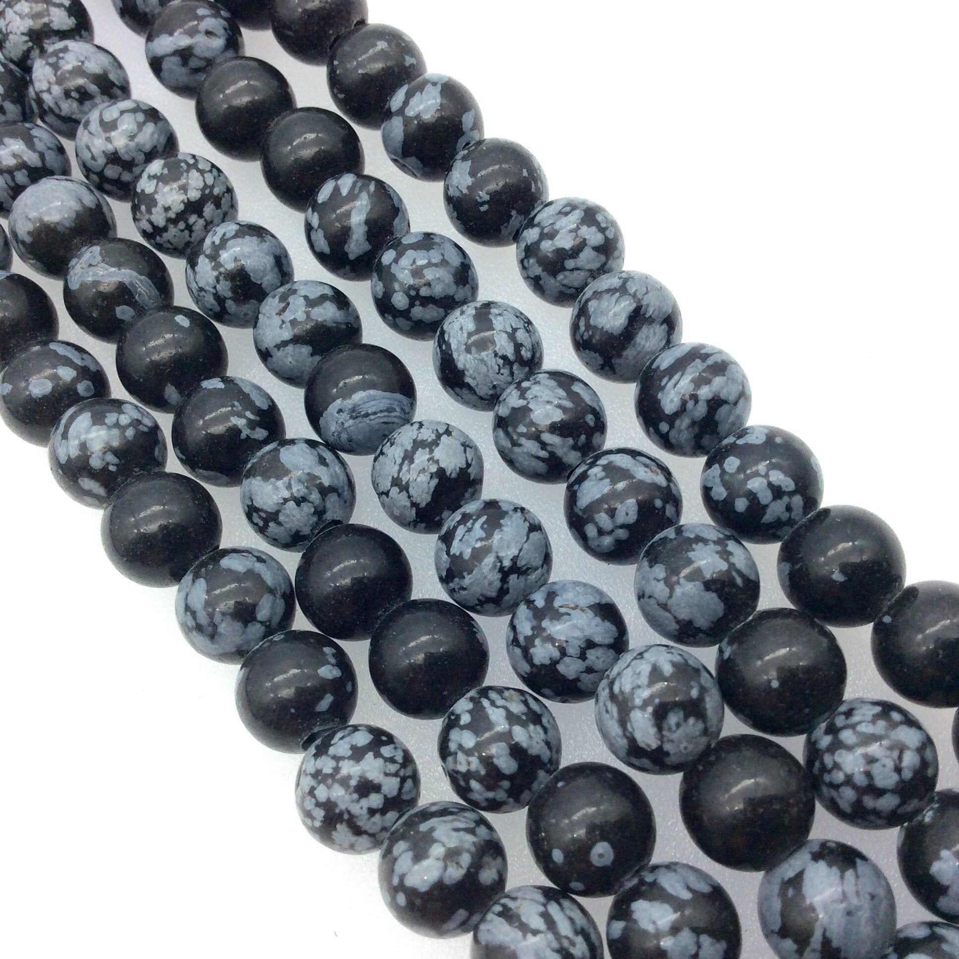 8mm Natural Snowflake Obsidian Smooth Finish Round/Ball Shaped Beads with 2mm Holes - 7.75" Strand (Approx. 25 Beads) - LARGE HOLE BEADS