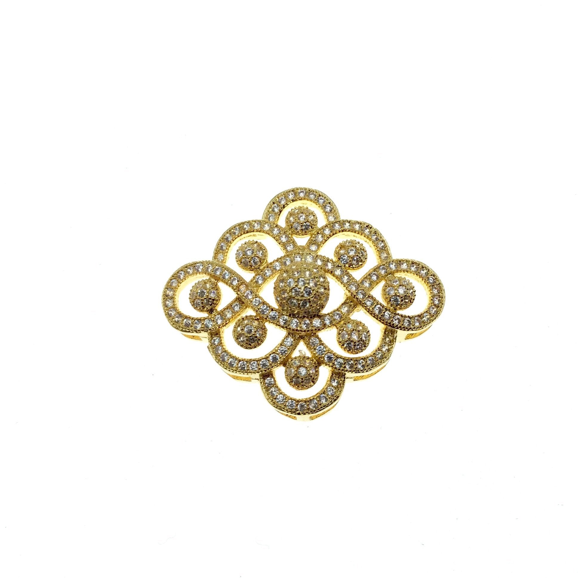 Gold Plated White CZ Cubic Zirconia Inlaid Flat Fancy/Ornate Open Ribbon/Dot Shaped Copper Slider - Measuring 26mm x 30mm