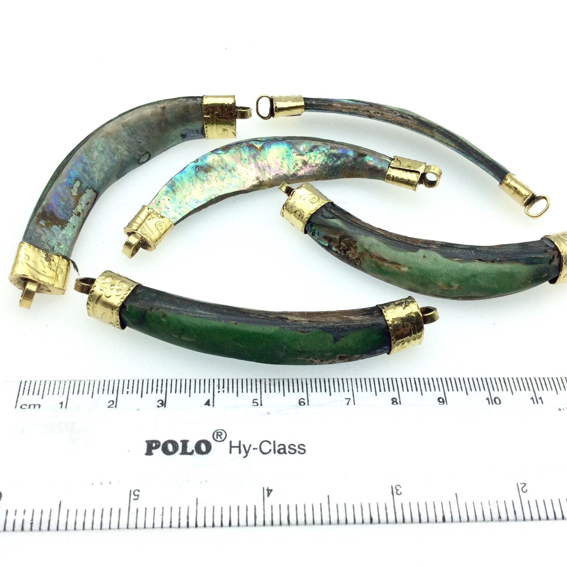 3" Iridescent Rainbow Curved Tusk/Claw Shaped Abalone Shell Pendant with Gold Floral Bails - Measuring 10mm x 80mm, Approx. (TR061-RB)