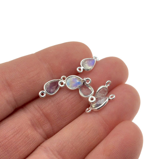 Moonstone Bezel | BULK PACK of Six (6) Sterling Silver Pointed Cut Stone Faceted Teardrop Shaped Bezel Connectors - Measuring 5mm x 8mm