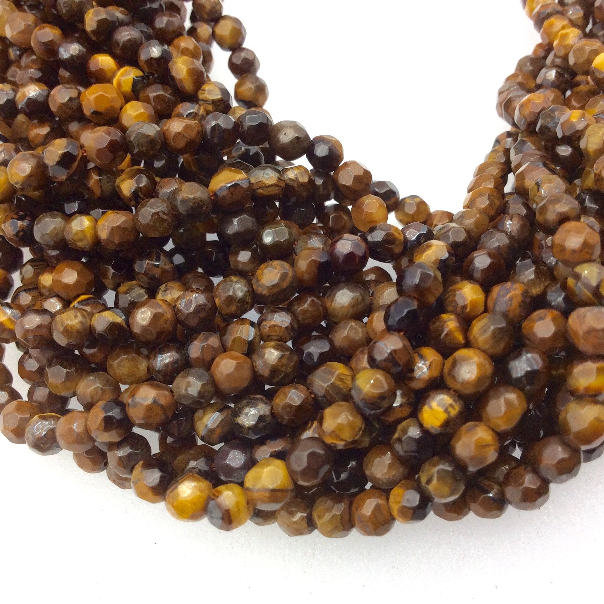 4mm Faceted Golden Brown Tiger Eye Round/Ball Shaped Beads - 14" Strand (Approx. 97 Beads) - Natural Hand-Strung Gemstone Bead Strand