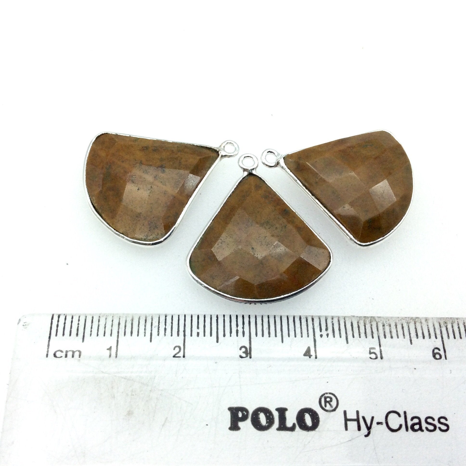 Silver Finish Faceted Yellow Jasper Fan Shaped Bezel Pendant - Measuring 22mm x 22mm - Natural Semi-precious Gemstone