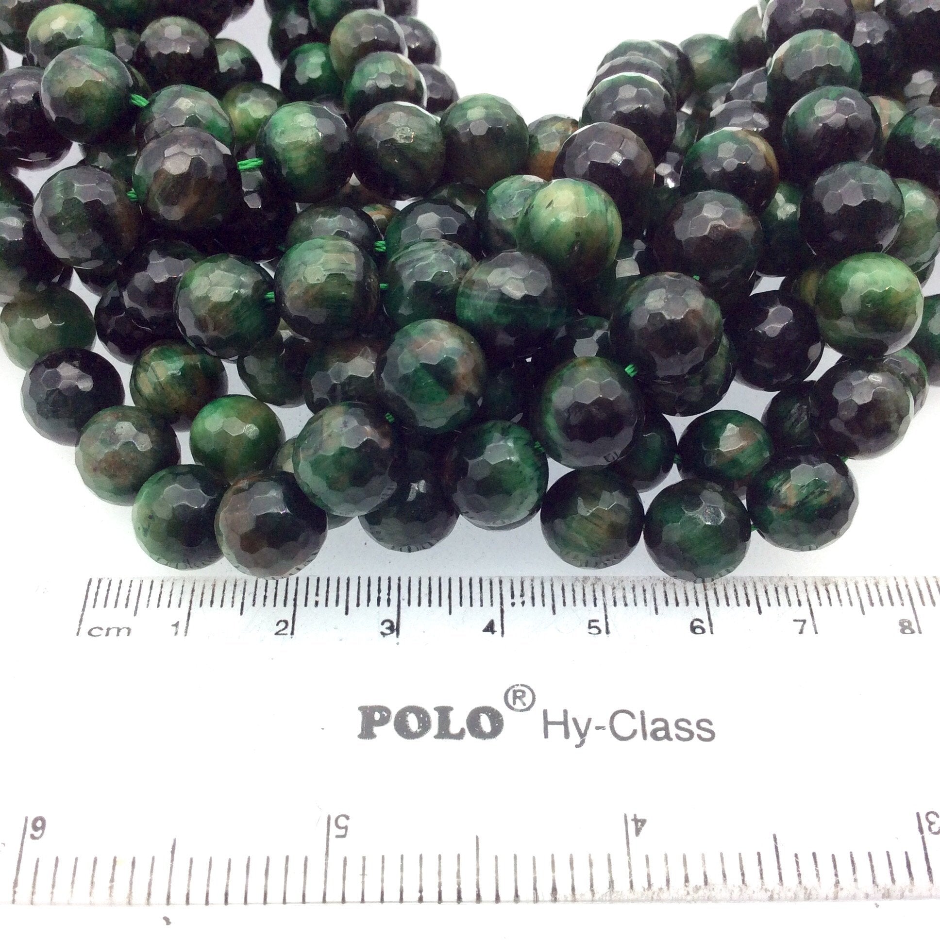 10mm Faceted Dyed Green Tiger's Eye Round/Ball Shaped Beads with 1mm Holes - Sold by 15" Strands (Approx. 38 Beads) - Quality Gemstone