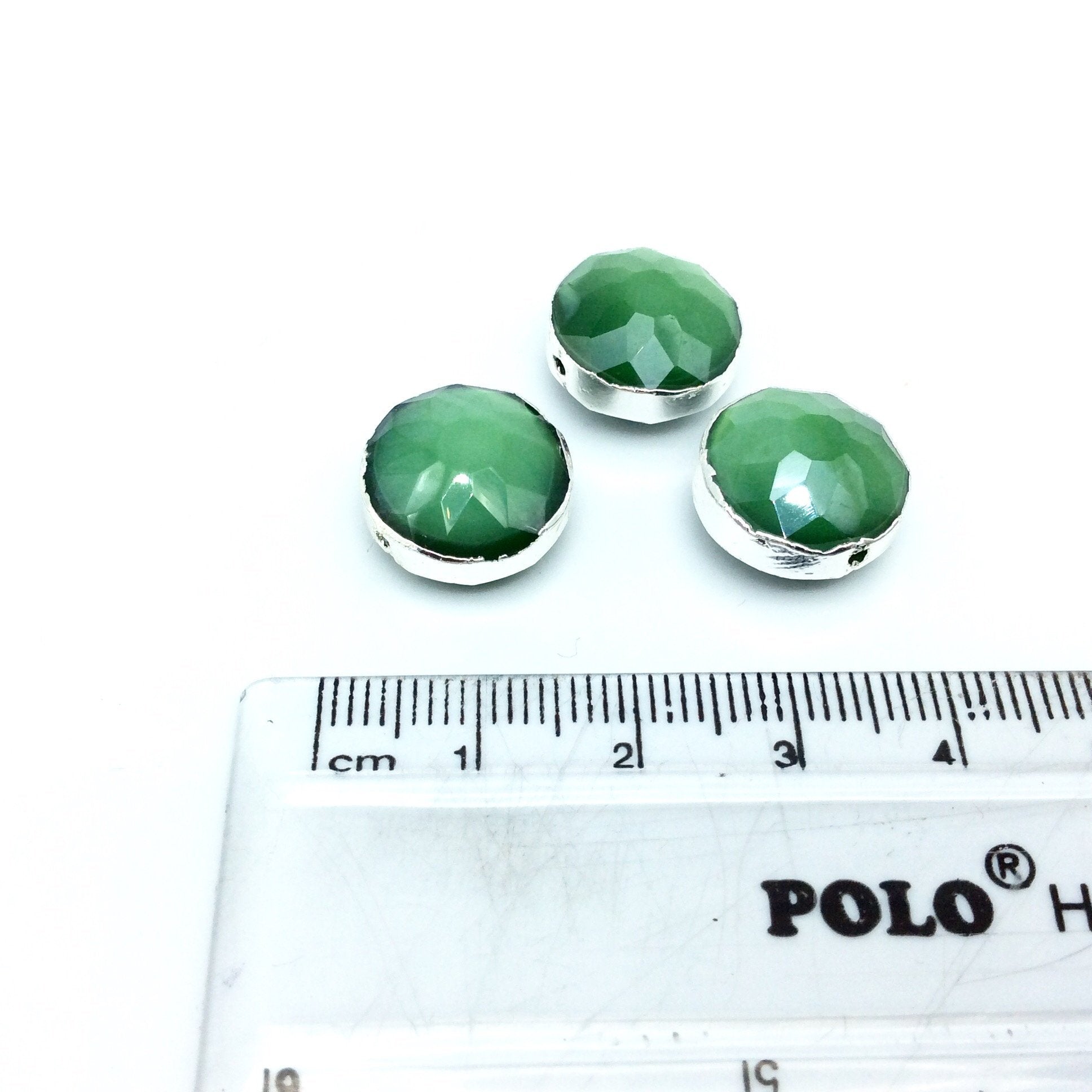 Silver Electroplated Faceted Opaque Green Crystal Round/Coin Shaped Bead  - 14mm - Sold Individually, At Random - High Quality Crystal