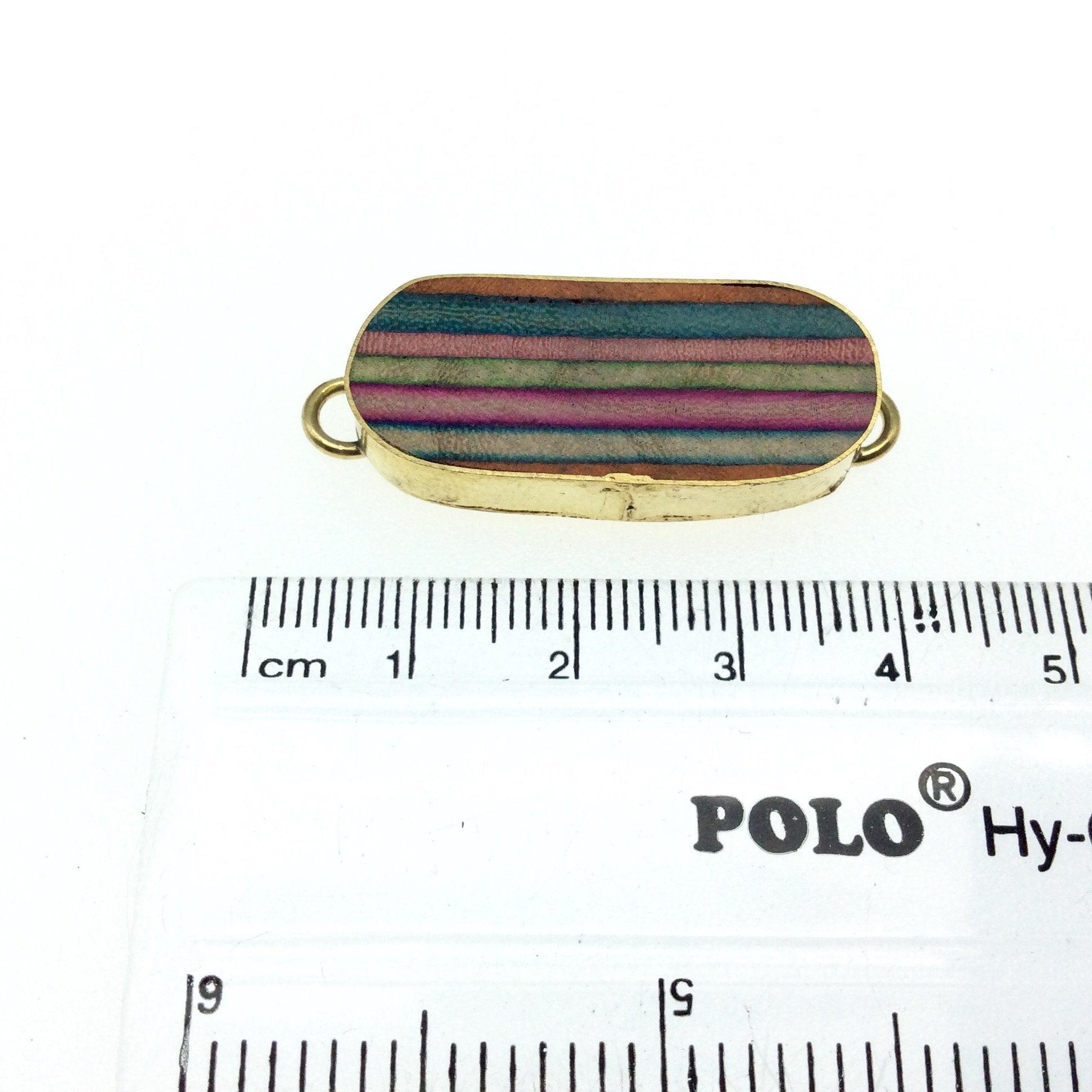 1.25" Natural Rainbow Long Stripe Wooden Skinny Oval Shaped Gold Plated Bezel Connector - Measuring 14mm x 33mm.