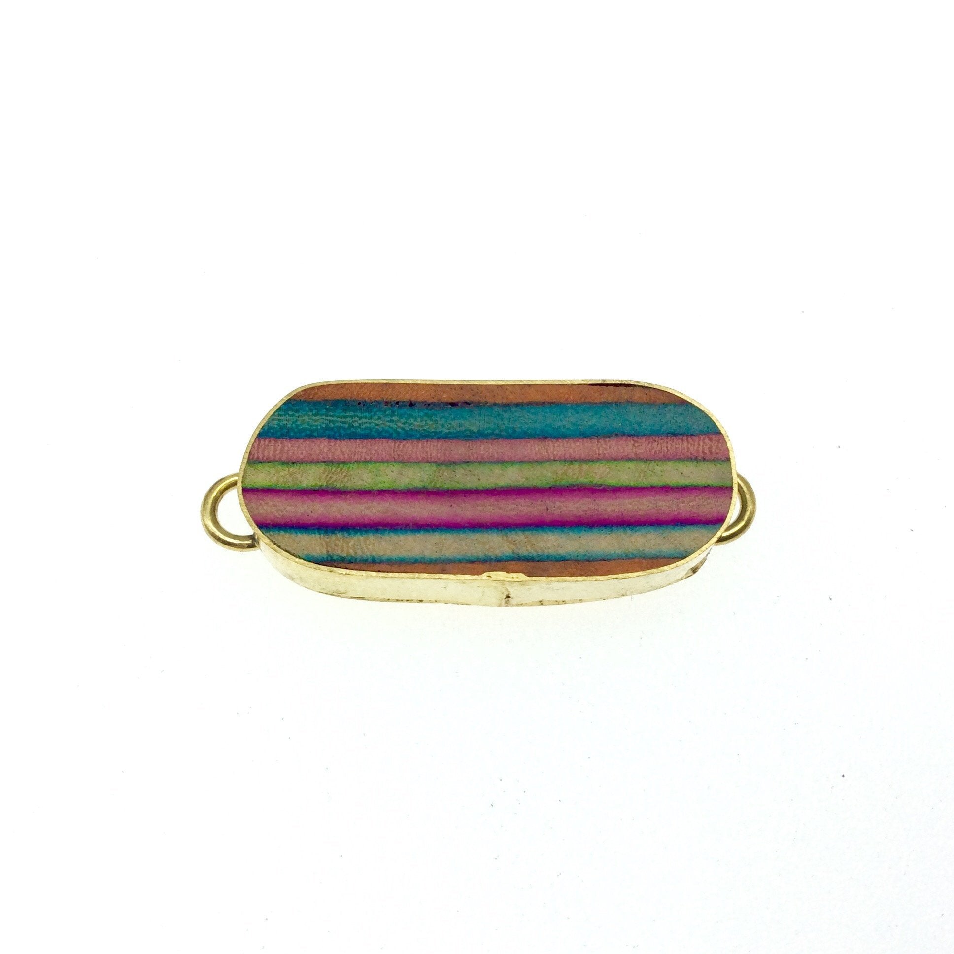 1.25" Natural Rainbow Long Stripe Wooden Skinny Oval Shaped Gold Plated Bezel Connector - Measuring 14mm x 33mm.