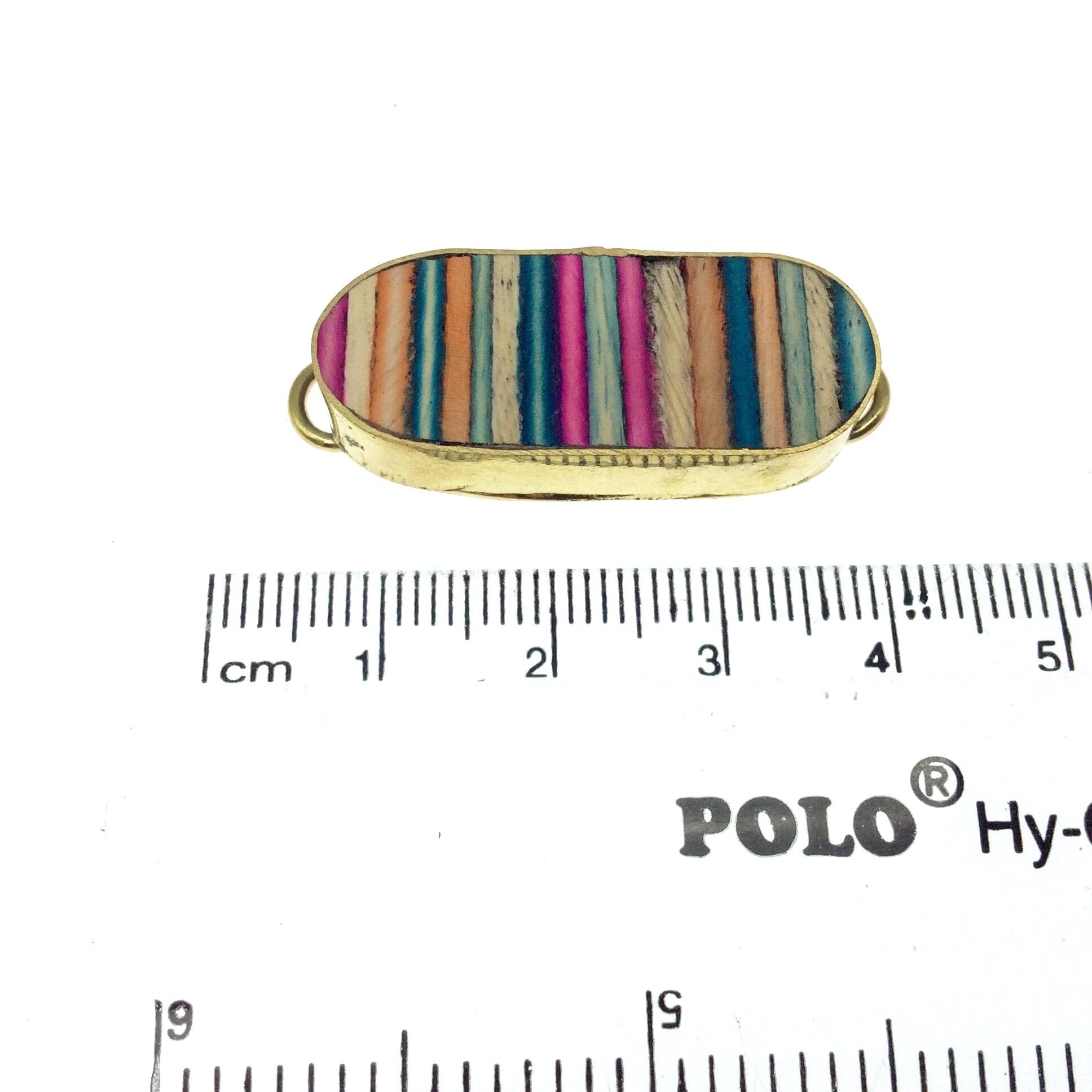 1.25" Natural Rainbow Short Stripe Wooden Skinny Oval Shaped Gold Plated Bezel Connector - Measuring 14mm x 33mm.