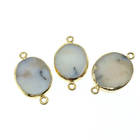 Large Sized Gold Plated Natural Flat Dendritic Opal Oval Shaped Connector - 21mm - 23mm  Long Approx. - Sold Per Each, Selected at Random