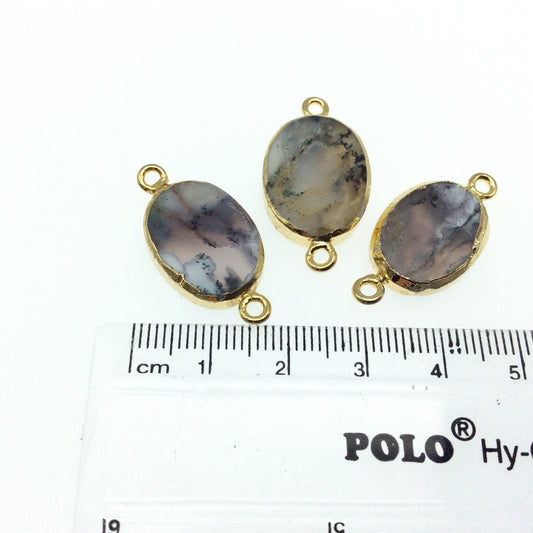 Medium Sized Gold Plated Natural Flat Dendritic Opal Oval Shaped Connector - 16mm - 20mm  Long Approx. - Sold Per Each, Selected at Random