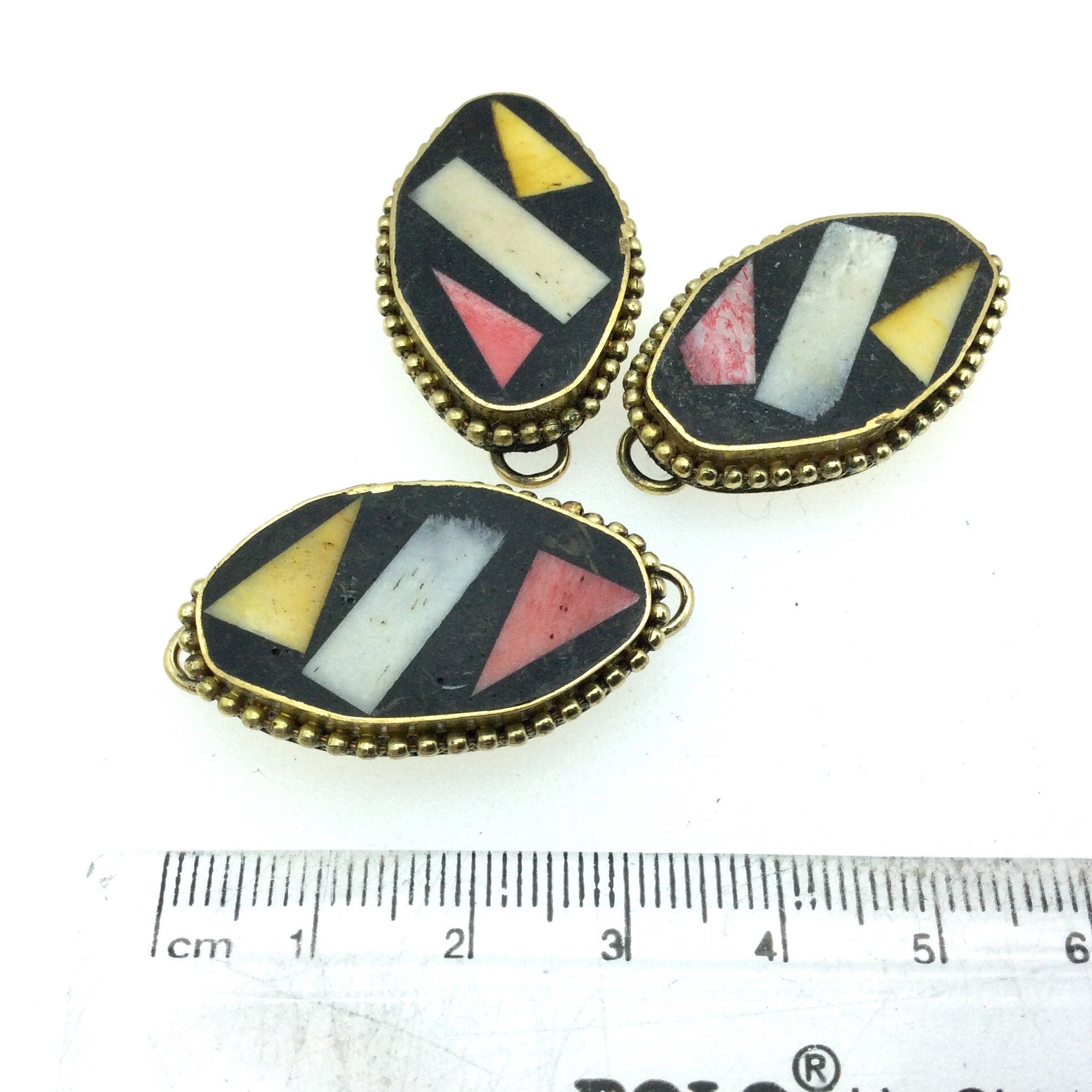 1.25" Multicolor Natural Ox Bone and Resin Mosaic Flat Oval Shape Gold Plated Bezel Connector W Dotted Edges - Measuring 20mm x 32mm.