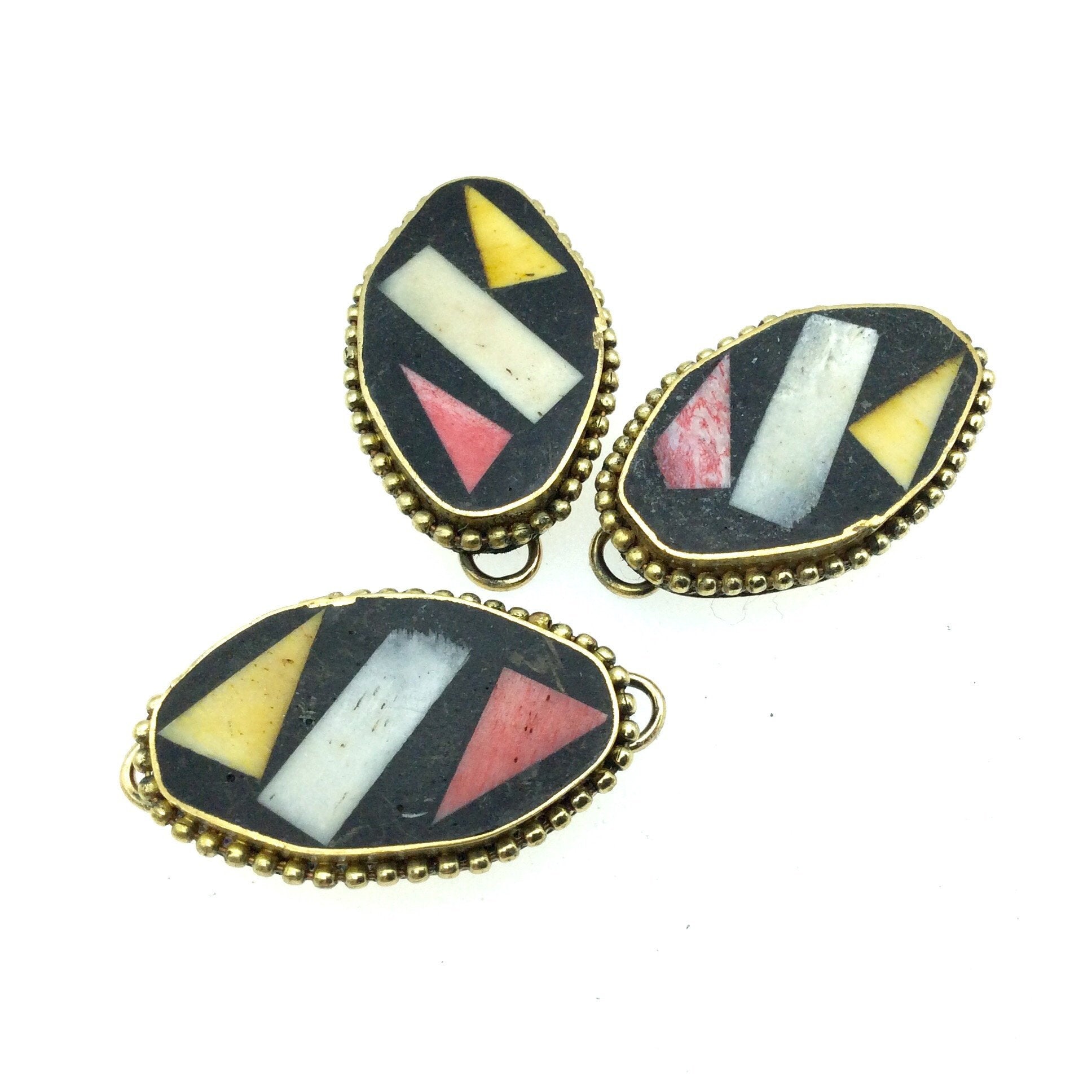 1.25" Multicolor Natural Ox Bone and Resin Mosaic Flat Oval Shape Gold Plated Bezel Connector W Dotted Edges - Measuring 20mm x 32mm.