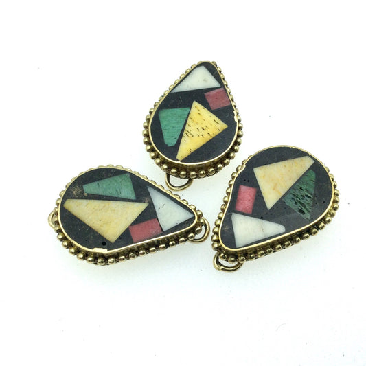 1" Multicolor Natural Ox Bone and Resin Mosaic Flat Teardrop Shape Gold Plated Bezel Connector W Dotted Edges - Measuring 20mm x 30mm.