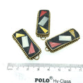 1.5" Multicolor Natural Ox Bone and Resin Mosaic Flat Rectangle Shape Gold Plated Bezel Connector With Dotted Edges - Measuring 16mm x 36mm.