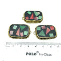 1.25" Multicolor Natural Ox Bone and Resin Mosaic Flat Round Rectangle  Shape Gold Plated Bezel Connector W Dotted Edges - ~ 24mm x 30mm.