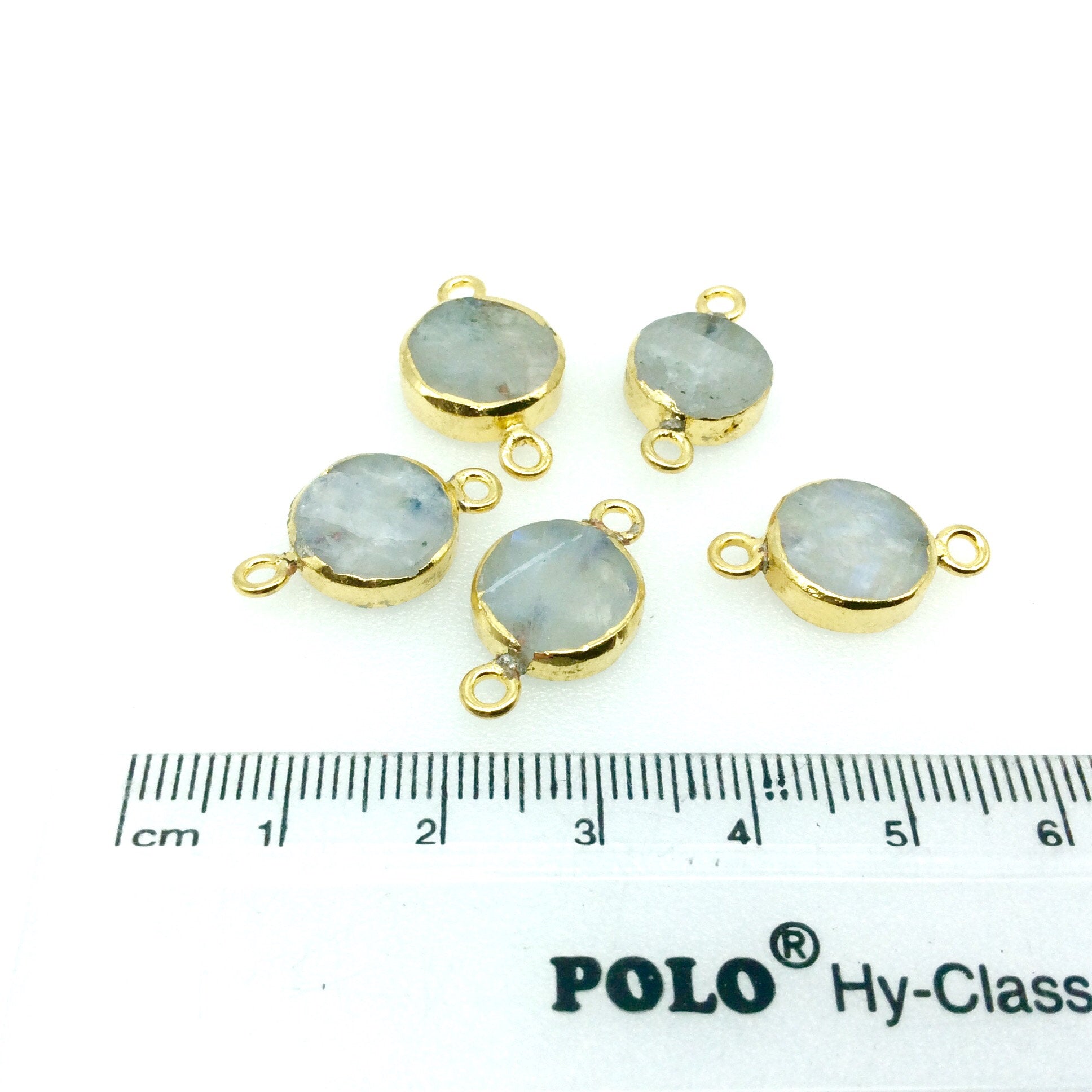 Medium Sized Gold Plated Natural Flat Rainbow Moonstone Round Shaped Connector - 12-15mm Approx. - Sold Per Each, Selected at Random