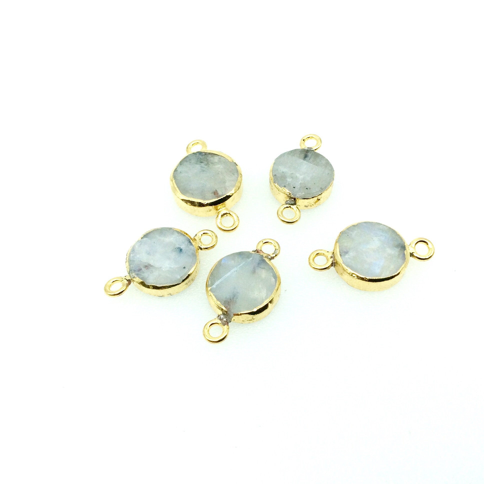 Medium Sized Gold Plated Natural Flat Rainbow Moonstone Round Shaped Connector - 12-15mm Approx. - Sold Per Each, Selected at Random