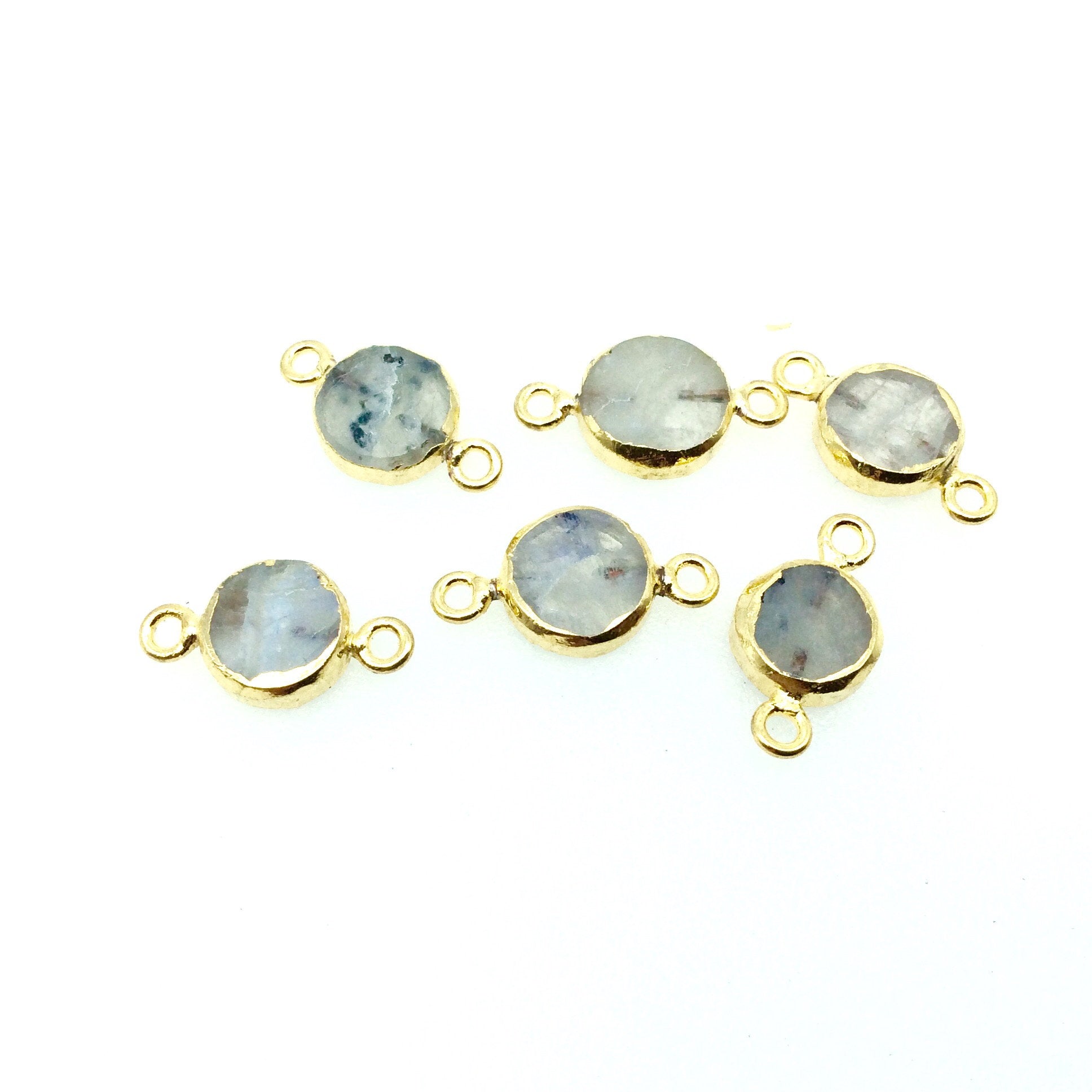 Small Sized Gold Plated Natural Flat Rainbow Moonstone Round Shaped Connector - 10-12mm Approx. - Sold Per Each, Selected at Random