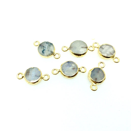 Small Sized Gold Plated Natural Flat Rainbow Moonstone Round Shaped Connector - 10-12mm Approx. - Sold Per Each, Selected at Random