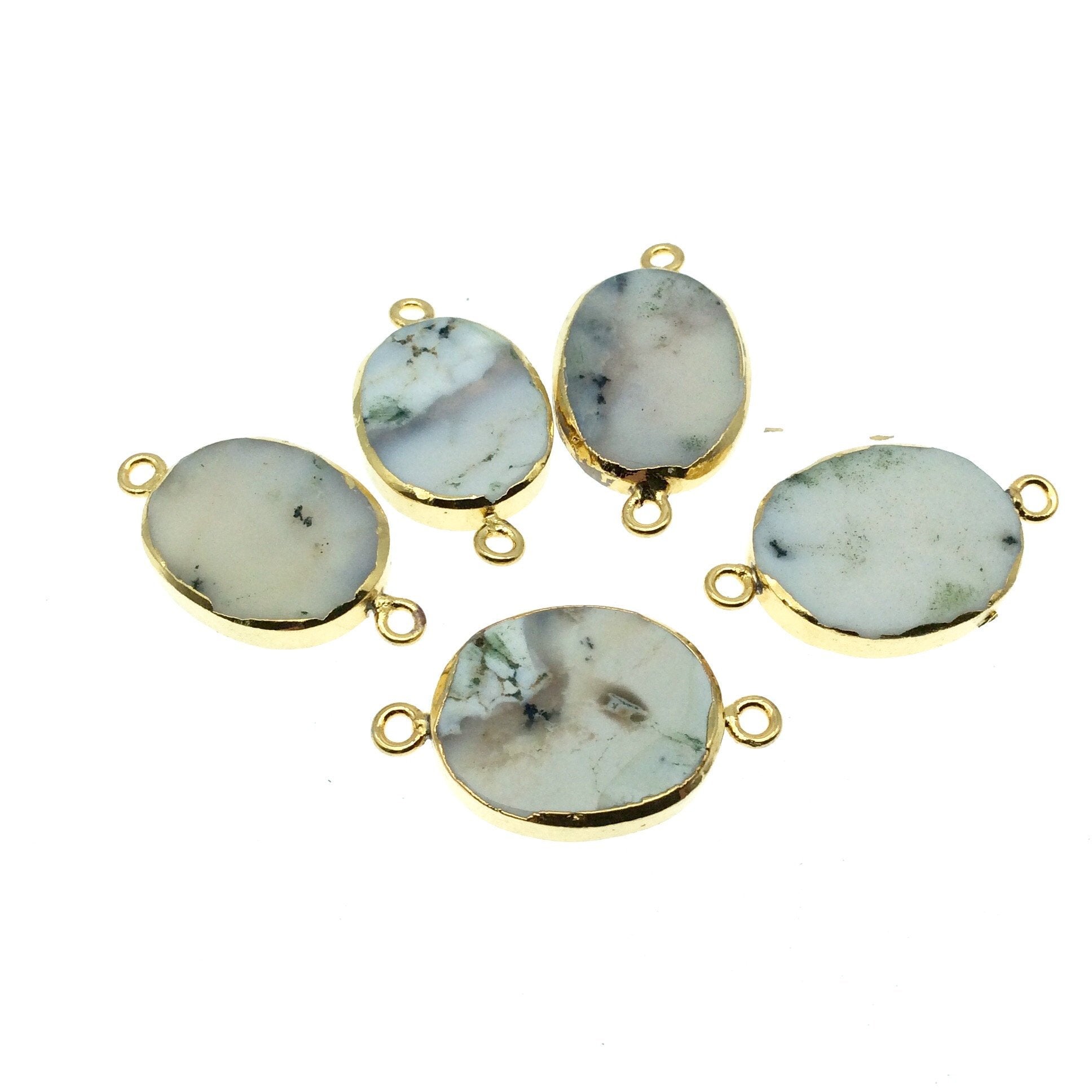 Large Sized Gold Plated Natural Flat White/Green Tree Agate Oval Shaped Connector - 20-22mm Long Approx. - Sold Per Each, Selected at Random