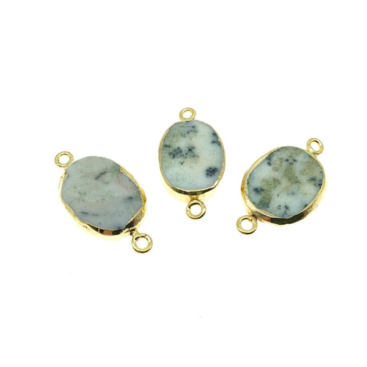 Medium Sized Gold Plated Natural Flat White/Green Tree Agate Oval Shape Connector - 17-19mm Long Approx. - Sold Per Each, Selected at Random