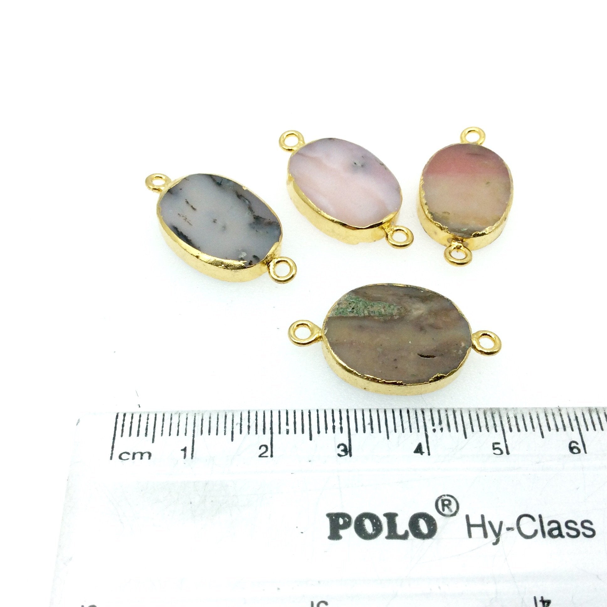 Medium Sized Gold Plated Natural Flat Mixed Pink Agate Oval Shape Connector - 18-20mm Long Approx. - Sold Per Each, Selected at Random