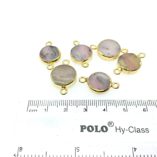 Small Sized Gold Plated Natural Flat Mixed Pink Agate Round Shape Connector - 11-15mm Approx. - Sold Per Each, Selected at Random