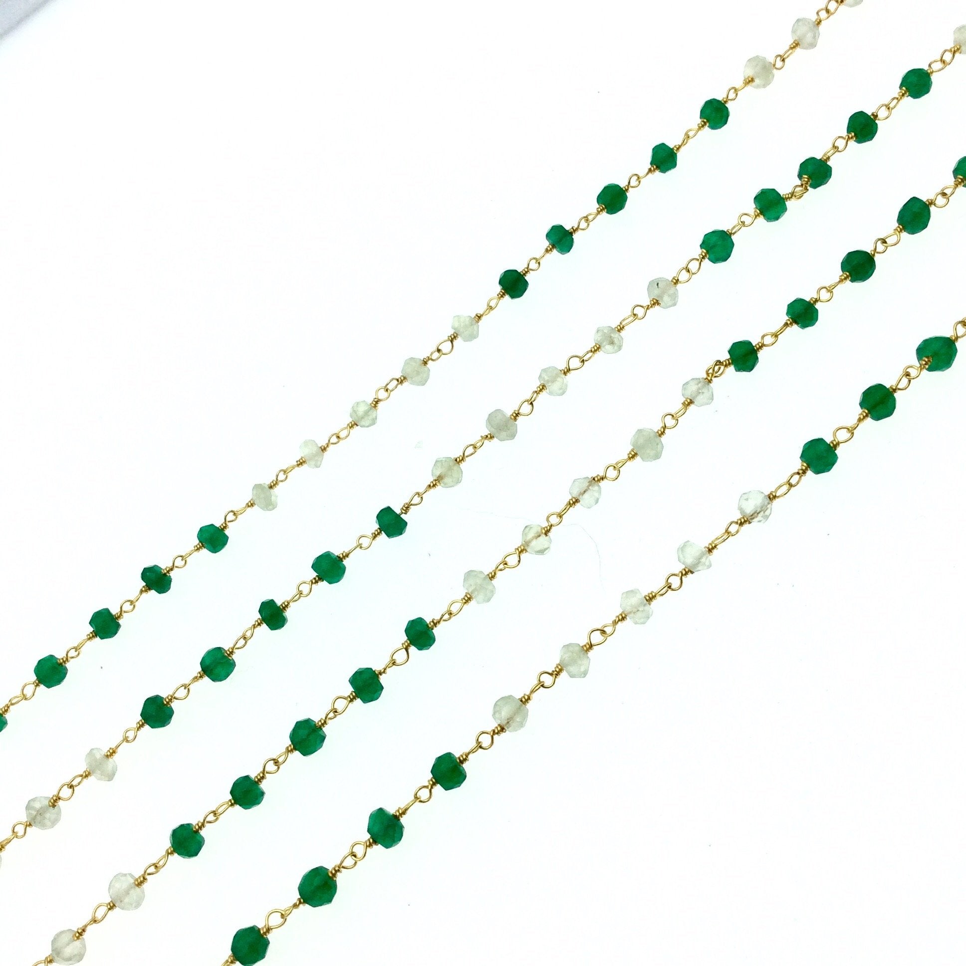 Gold Plated Copper Wrapped Rosary Chain with 3mm Faceted Natural Emerald Green Onyx + Prehnite Rondelle Beads - Sold by 1' Cut Sections!