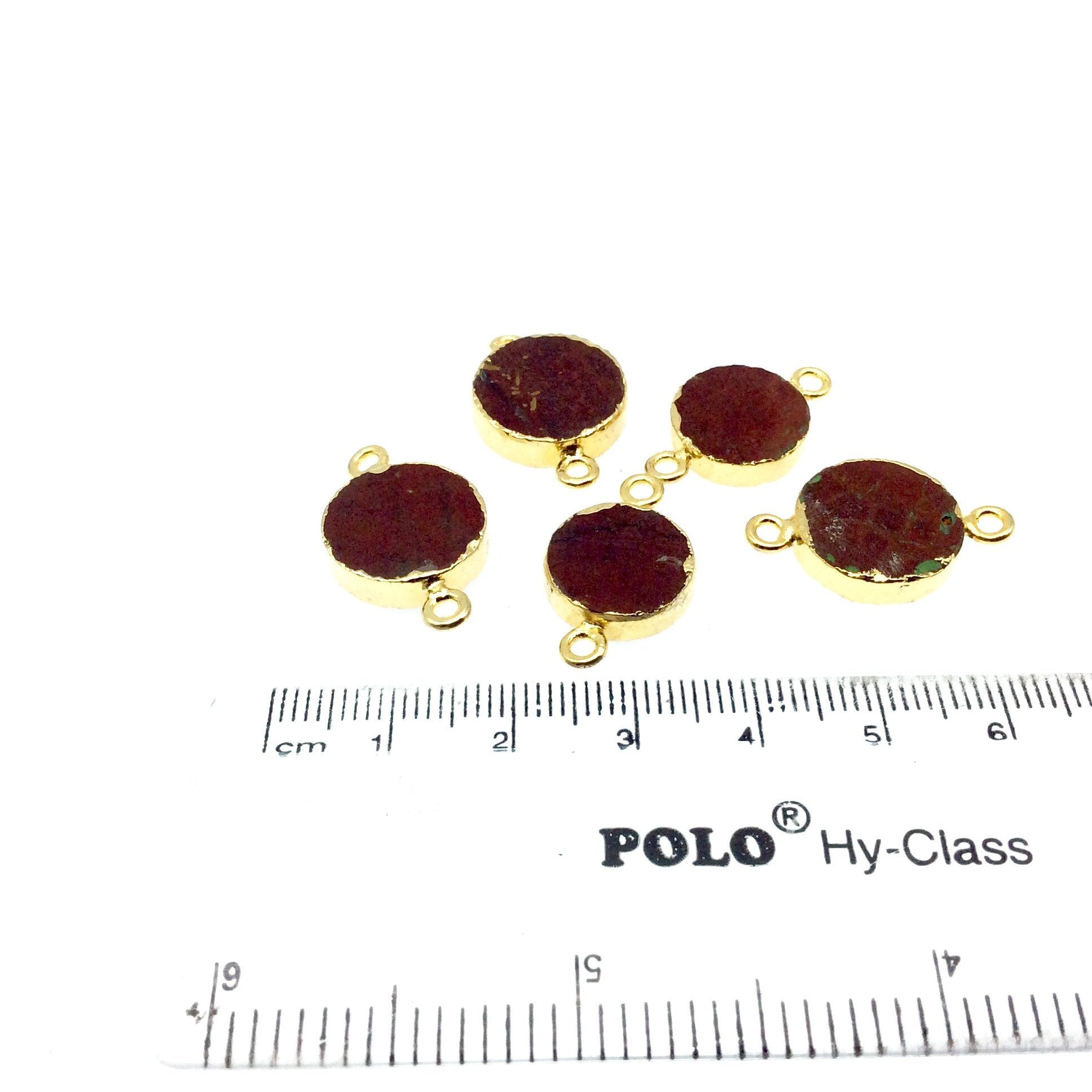 Small Sized Gold Plated Natural Flat Red Jasper Round Shape Connector - 12-15mm Approx. - Sold Per Each, Selected at Random