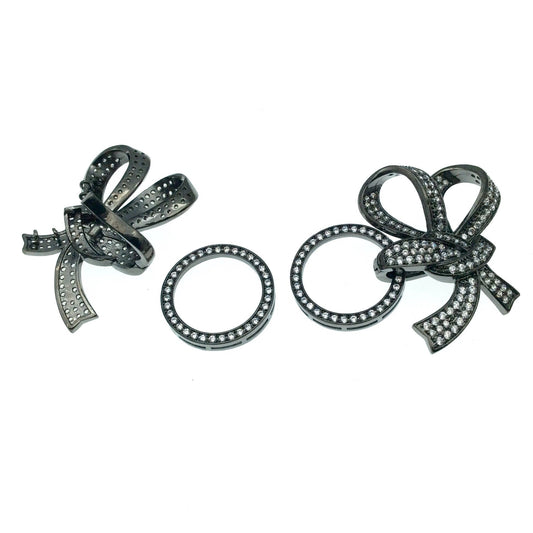 Gunmetal Plated Cubic Zirconia Encrusted/Inlaid Bow + Circle Shaped Copper Clasp Components - Measuring 40mm x 43mm