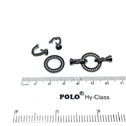 Gunmetal Plated Cubic Zirconia Encrusted/Inlaid Circle Shaped Copper Double Clasp Components - Measuring 15mm x 30mm