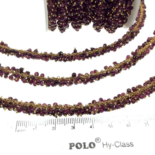 Gold Plated Copper Double Dangle Rosary Chain with 3-4mm Faceted Natural Garnet Rondelle Beads - Sold by 1' Cut Sections or in Bulk!