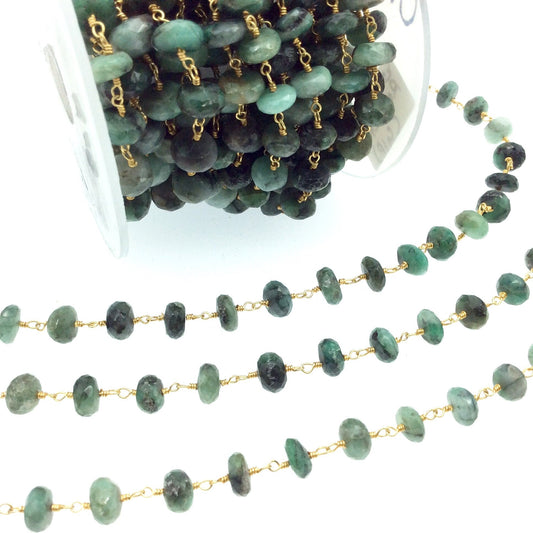 Gold Plated Copper Wrapped Rosary Chain with 3-4mm Faceted Natural Sakota Emerald Rondelle Beads - Sold by 1' Cut Sections!