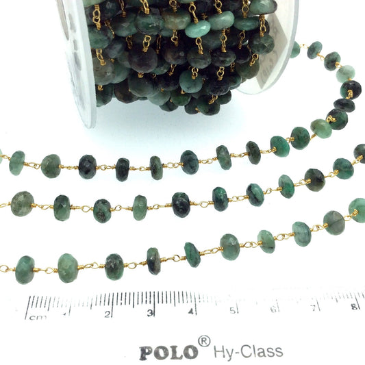 Gold Plated Copper Wrapped Rosary Chain with 3-4mm Faceted Natural Sakota Emerald Rondelle Beads - Sold by 1' Cut Sections!