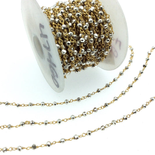 Gold Plated Copper Wrapped Rosary Chain with 3mm Faceted Silver Plated Pyrite Rondelle Beads - Sold by 1' Cut Sections!